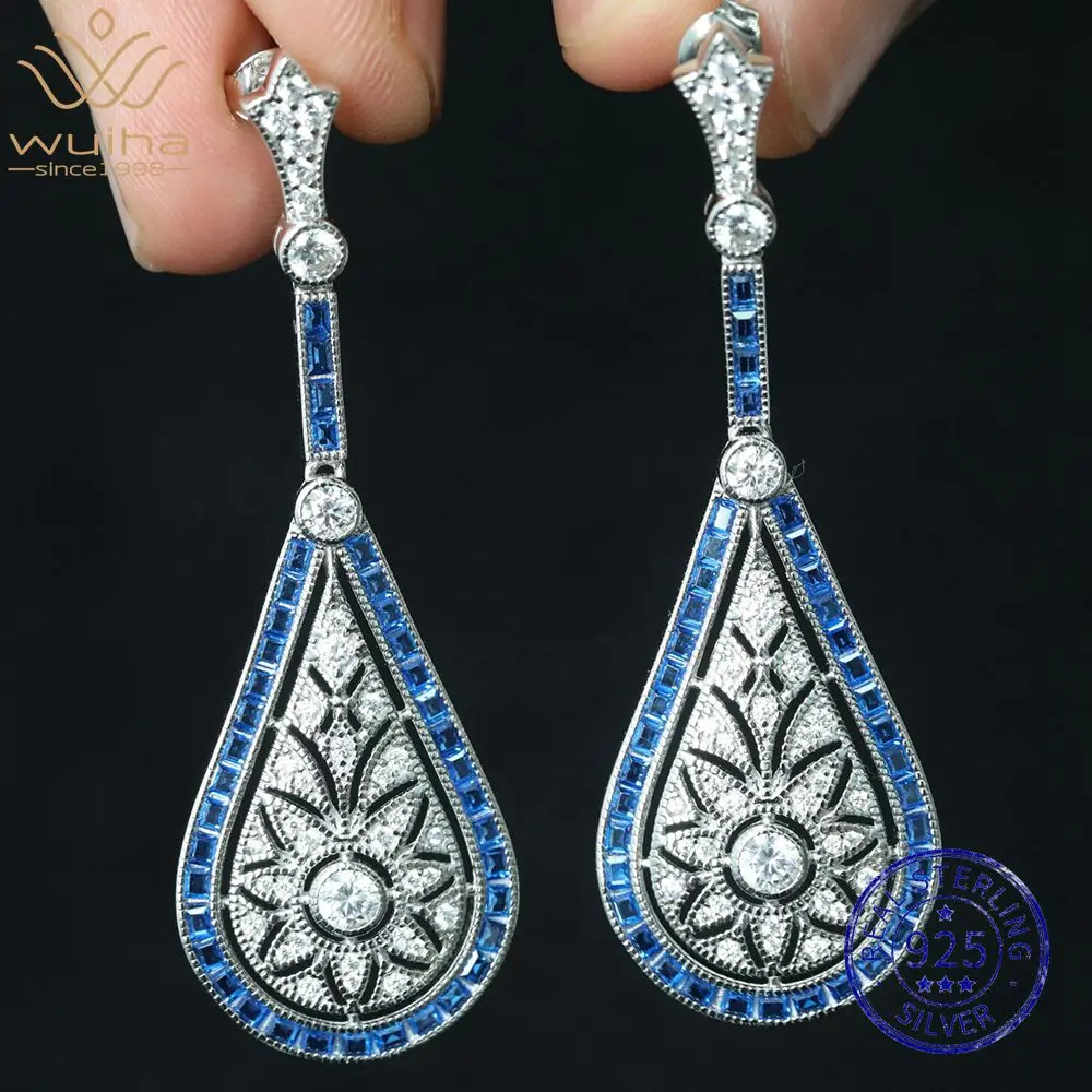 

WUIHA Vintage 925 Sterling Silver Pear Cut Lab Sapphire Gemstones Drop Dangle Earrings Anniversary Fine Jewelry Drop Shipping