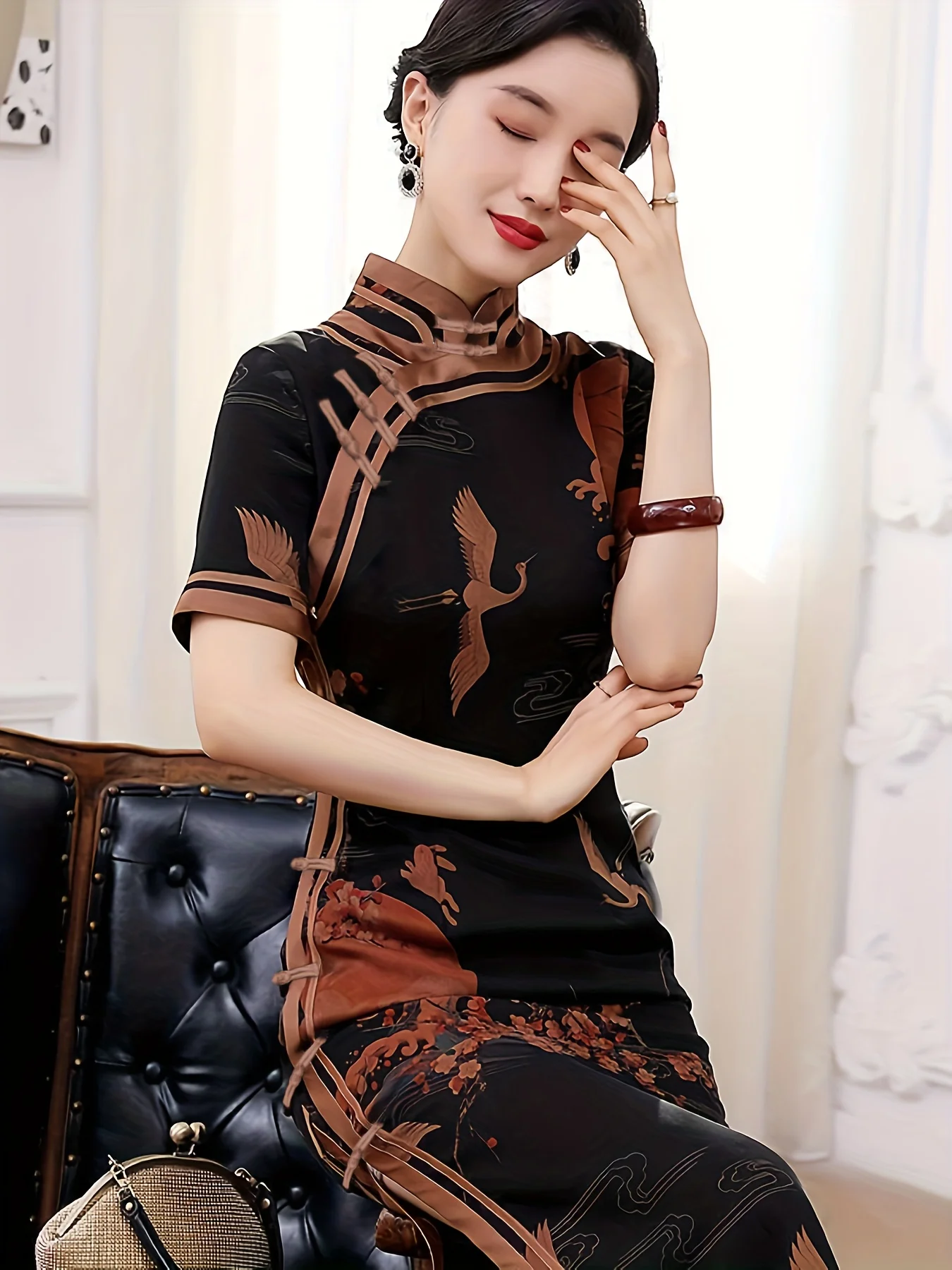 Crane Print Cheongsam Dress Vintage Band Collar Chinese Style Qipao Dress Women's Clothing