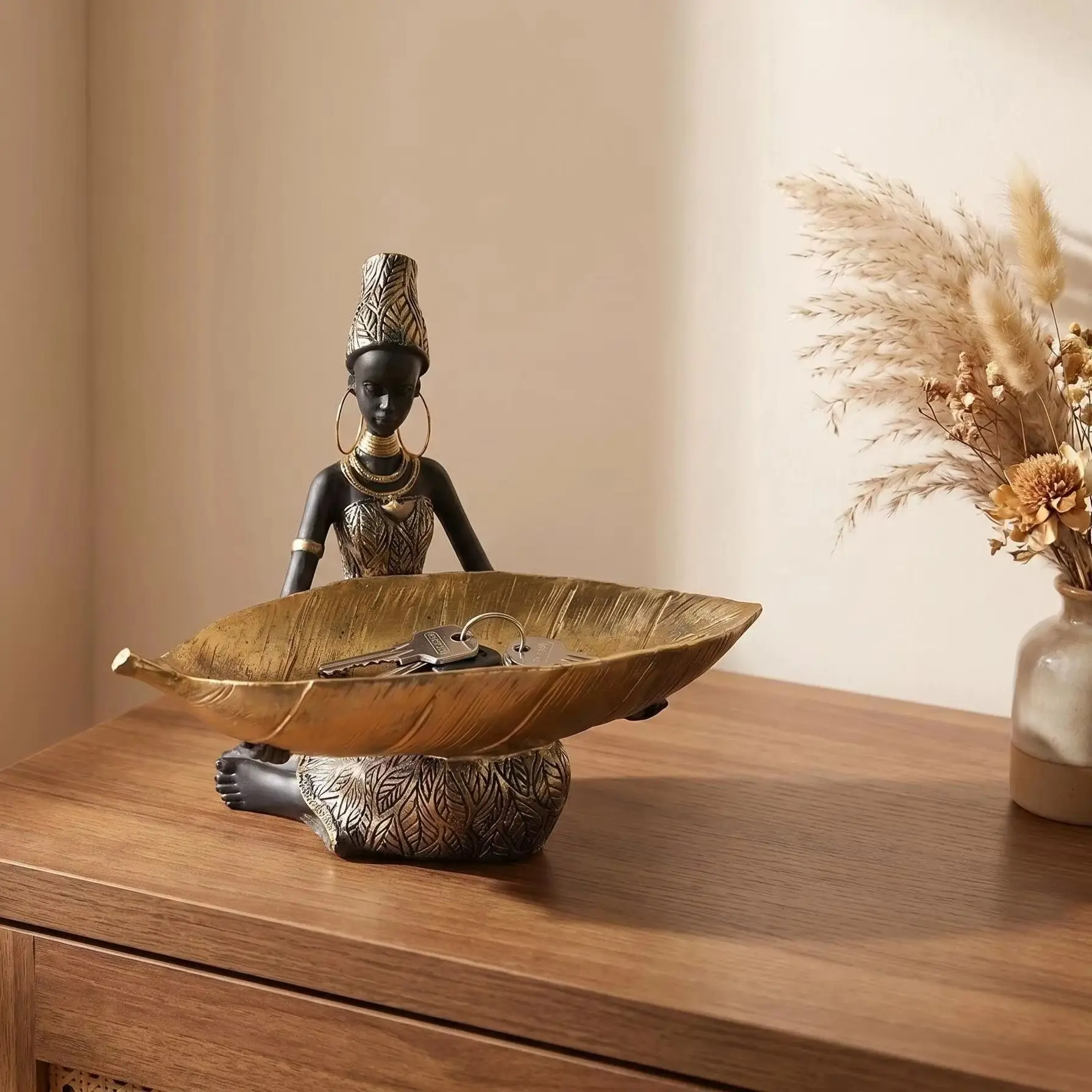 African Girl Holding a Plate Sculpture, Home and Office Decorative Storage Ornament