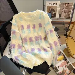 Moda sciolto contrasto colore nappa maglioni autunno inverno abbigliamento donna coreano tutto-fiammifero girocollo lavorato a maglia top per donna