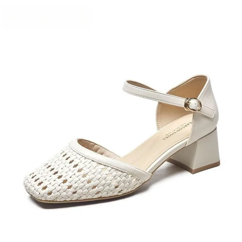 Fashion Woven Hollow Chunky Root Sandals for Women Comfort Round Toe Buckle Summer Heels Elegant Office Brand Formal Shoes Pumps view 4