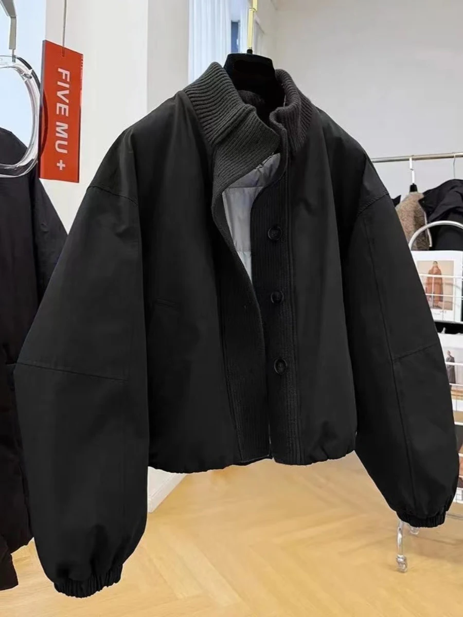 

Модный тяжелый повседневный вязаный лоскутный воротник-стойка, хлопковый джет, женский осенне-зимний корейский свободный утягивающий костюм...