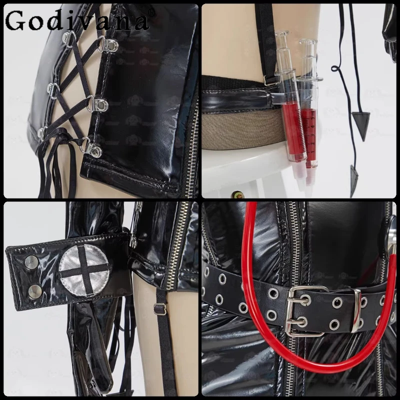 2025 Anime PU Demon Nurse Gothic Dress Women's Private Photo Shoot Sexy Lingeries Cos Dress Female Black Cosplays Costume