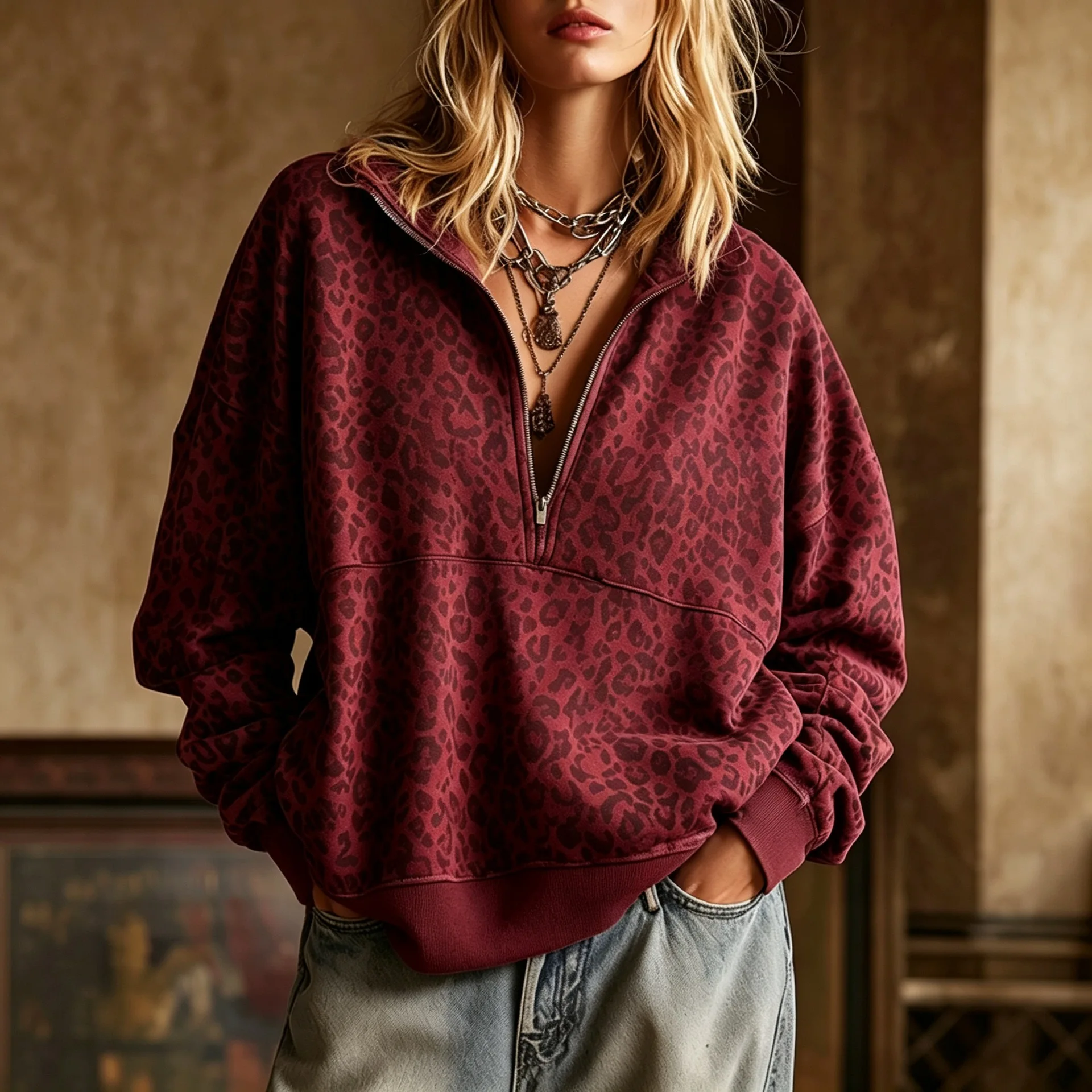 2026 New Women's Clothing Autumn New Lapel Zipper Retro Leopard Print Loose Sweater