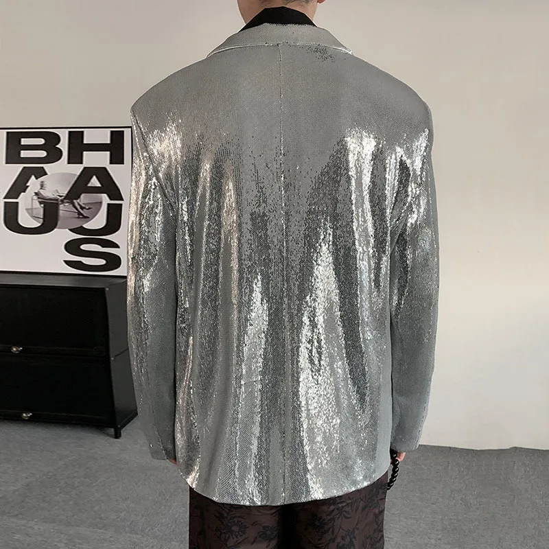 PFNW Niche Design Menswear Silver Sparkling Glitter Sequin Suit Jacket Male And Female Loose Fit Outwear Signle Breasted Blazer