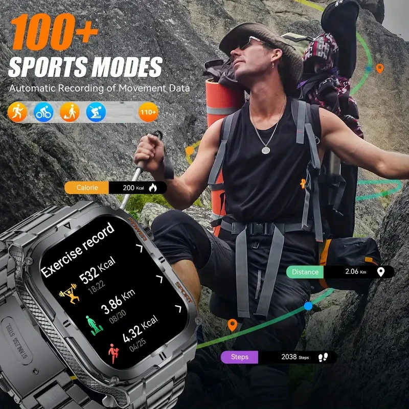 العسكرية الصف في الهواء الطلق ساعة ذكية الرجال النساء الصحة 1.96 "HD شاشة 430mAh بطارية مصباح ليد جيب مقاوم للماء الرياضة Smartwatches