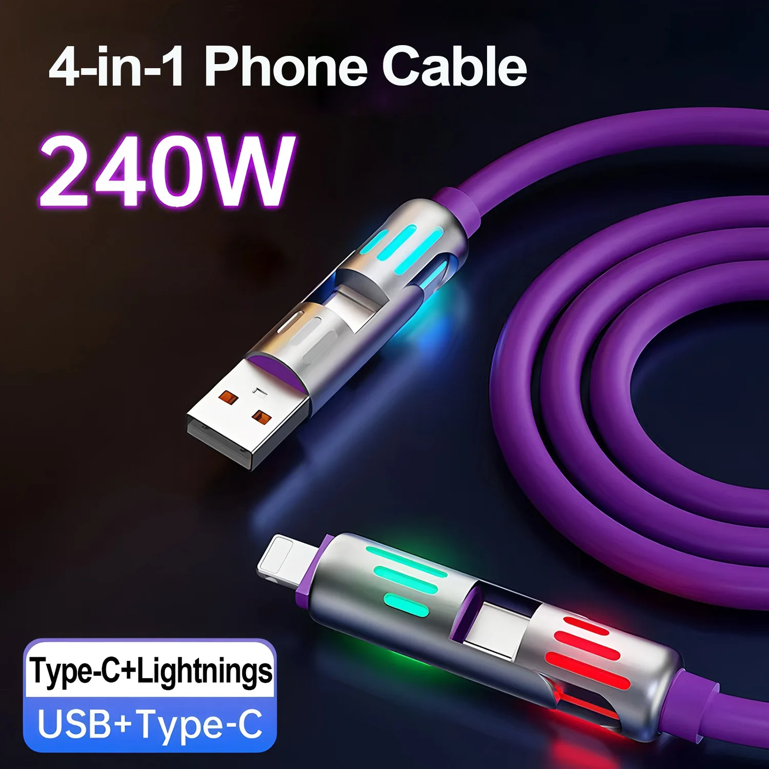 240W 4-in-1 Super Fast Charging Cable RGB Breathing Light Type-C For IPhone7-16ProMax iPad Notebook Tablet Mobile Phone Samsung
