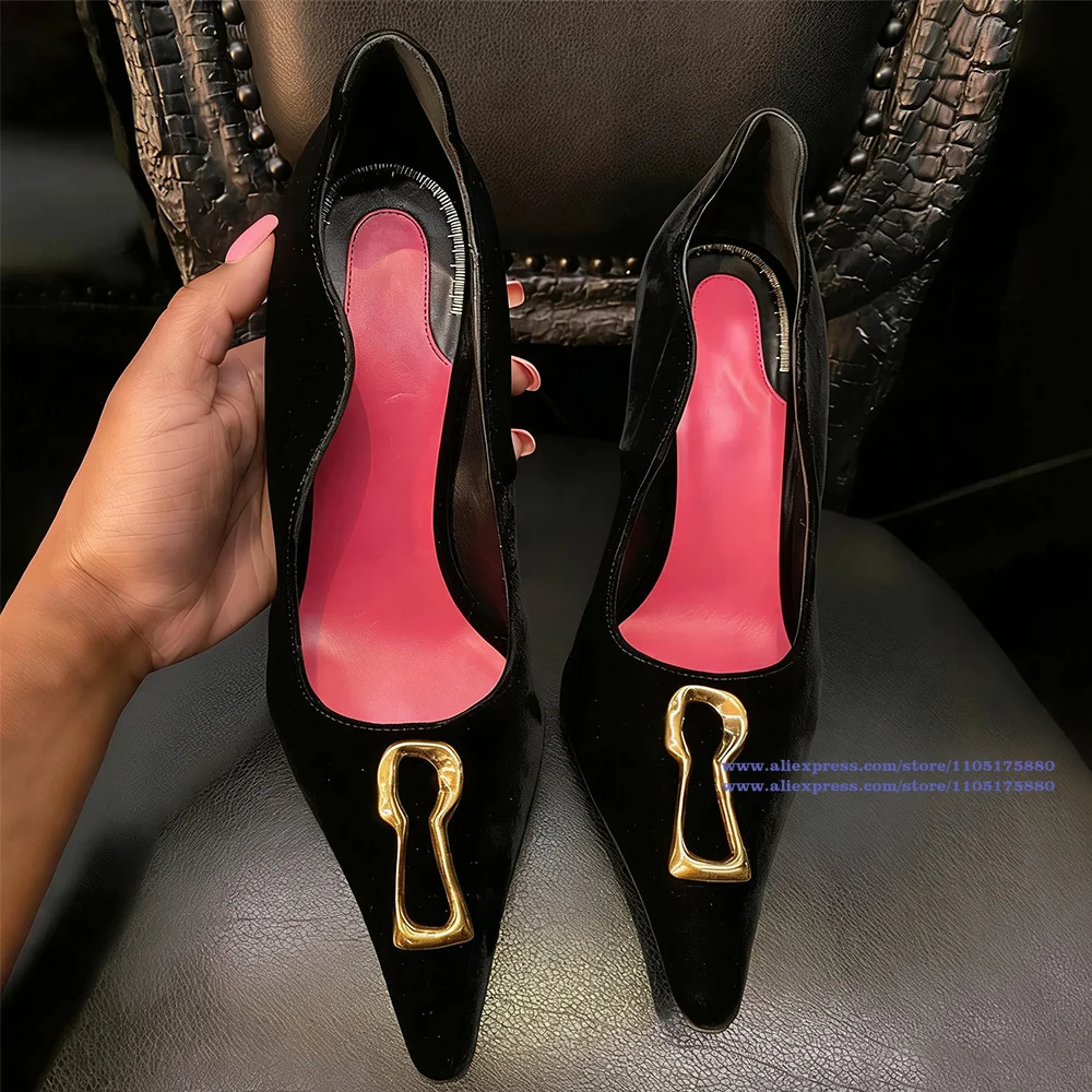 Black Suede Pointed Toe Heels with Gold Buckle Accent Sexy Stilettos High Heels Dress Party Shoes Sandalias De Mujer Verano
