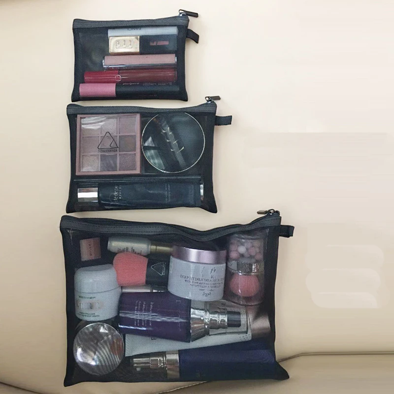 Bolsas de maquillaje para mujer, estuche de cosméticos negro de malla transparente, bolsa de almacenamiento de herramientas y brochas cosméticas, bolsa organizadora de artículos de tocador de viaje, 2023