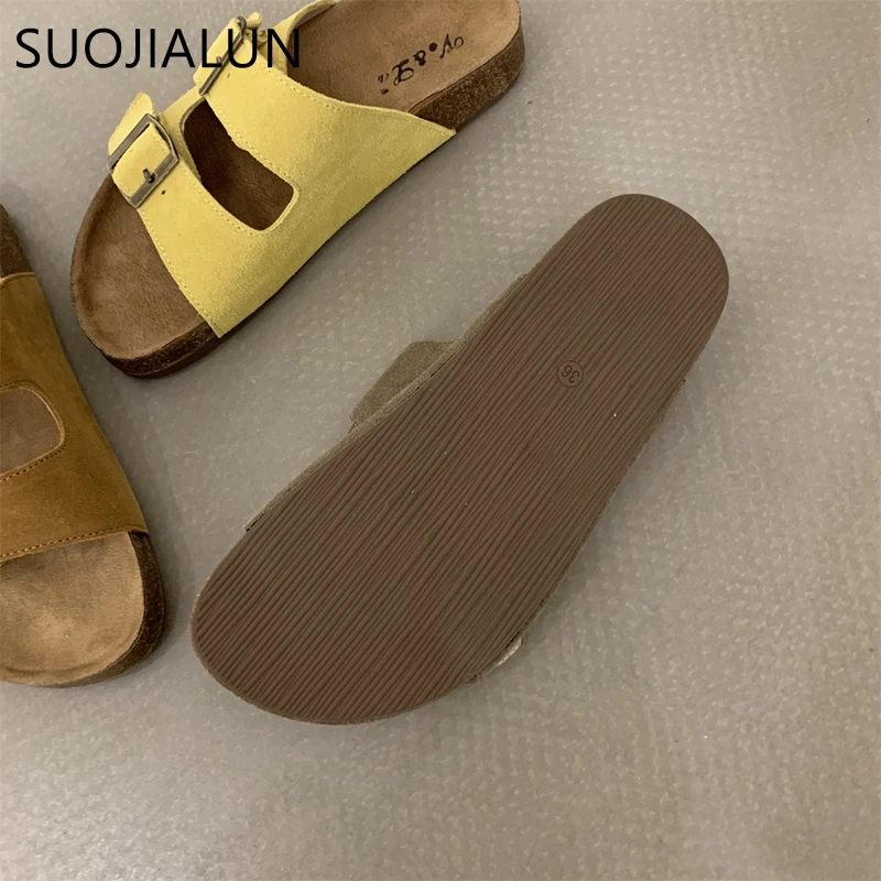 SUOJIALUN Summer New Brand Women Slipper Fashion Buckle Ladies Flat Heel Casual Slides Open Toe Slip On Outdoor Slides Shoes