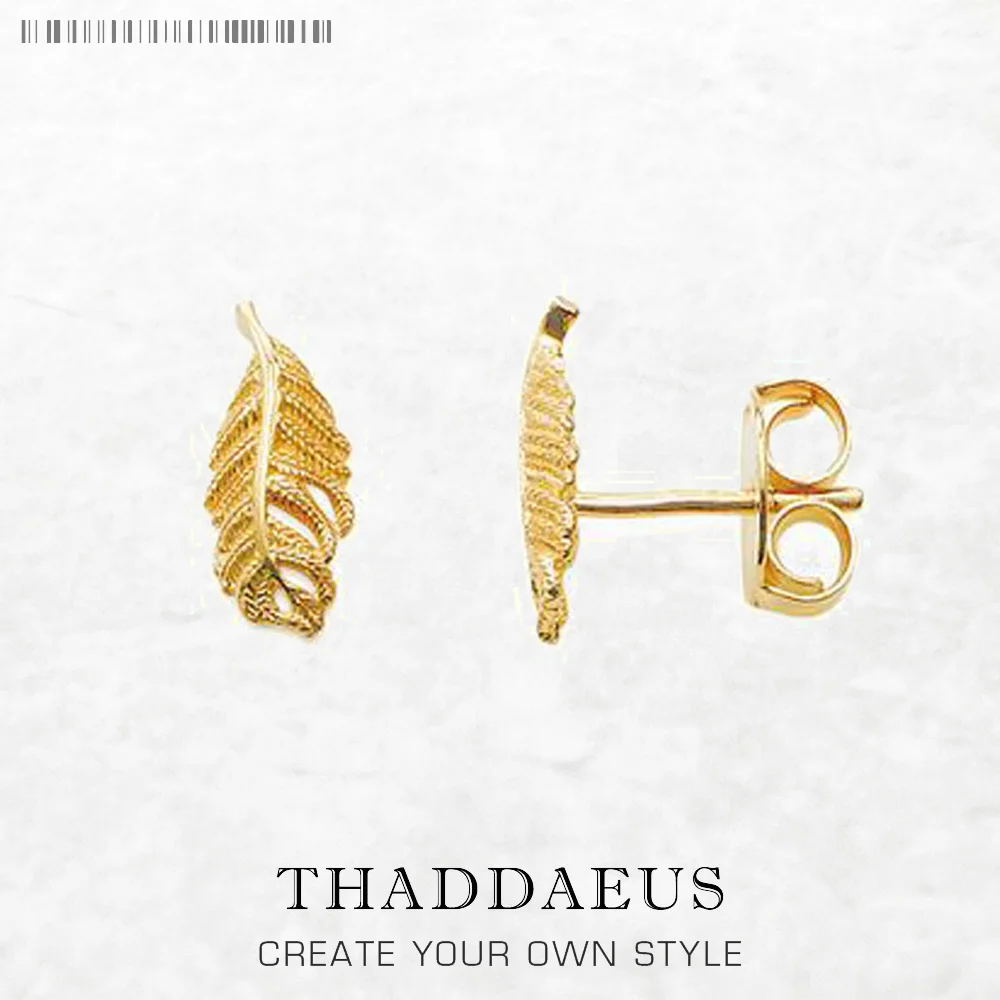 

Gold Platrd Stud Earrings Feather Europe Style Fine Jewerly For Women Vintage Handcrafted Gift In Real 925 Sterling Silver