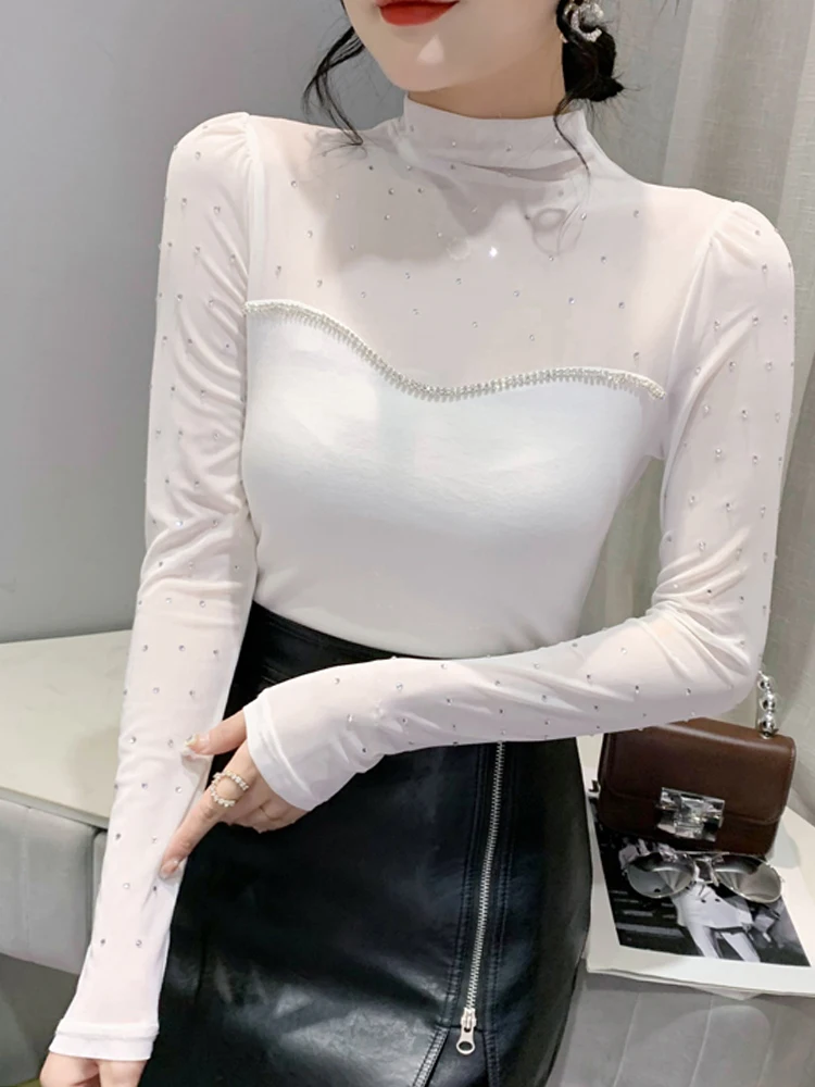 Sl Me Splice Long Sve f Top de gola alta feminino outono inverno sexy base de fosso irt strass decorado T...