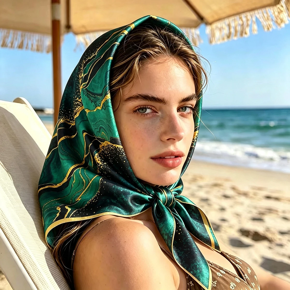 2026 Neues dunkelgrünes Halstuch mit Flussmuster, Vintage-Seidenimitat, quadratischer Schal, Bandana, atmungsaktiver Kopfwickel, Haaraccessoire