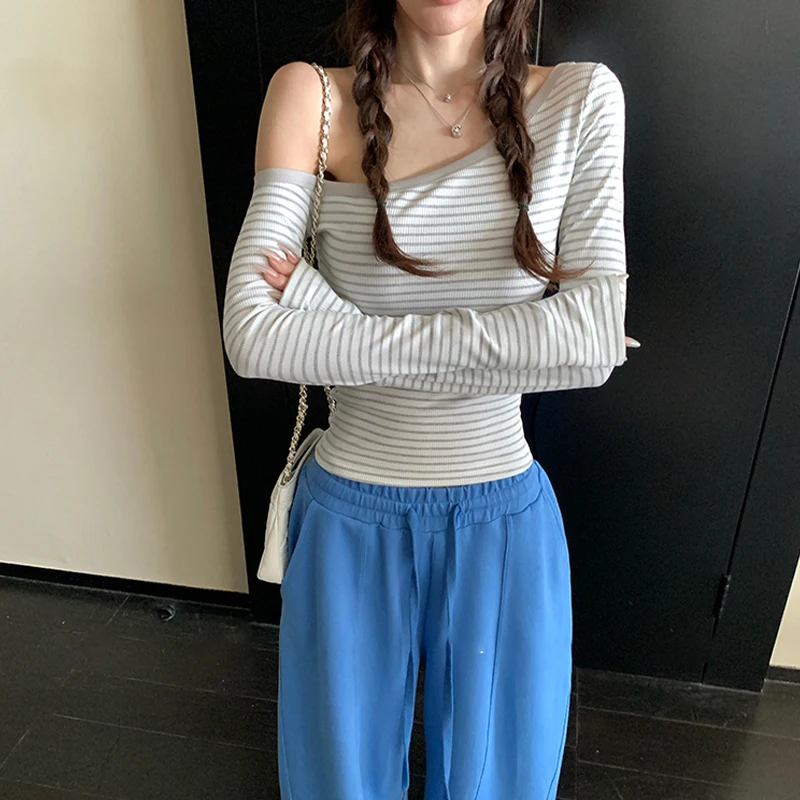 Women's Striped Sloping Shoulders Long Sleeve Tops Sheath Casual Daily T-shirt