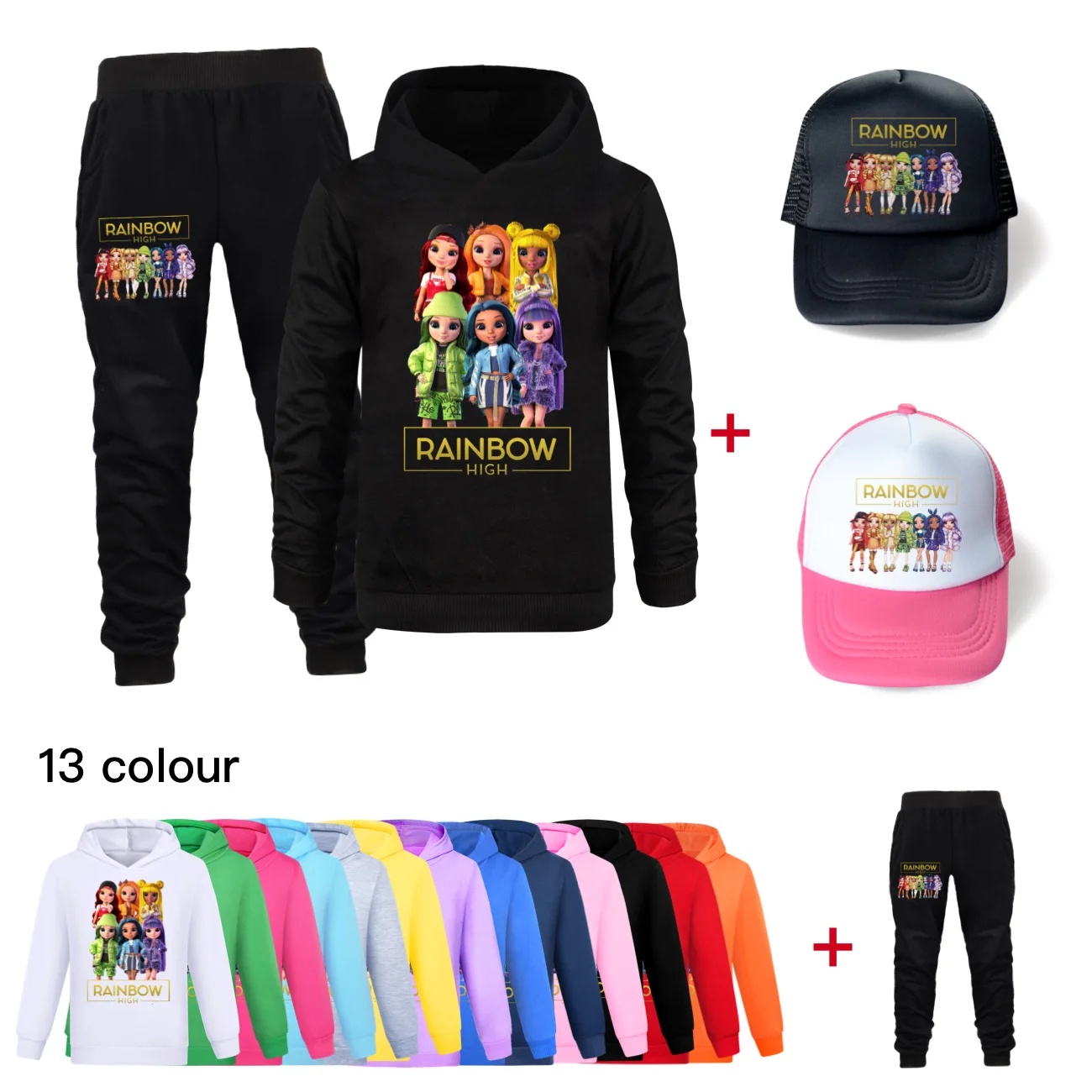 

Rainbow High Clothes Kids Long Sleeve Hoodies+Jogging Pants hat 3pcs Set Toddler Girls Cartoon Outfits Teenager Boys Tracksuit