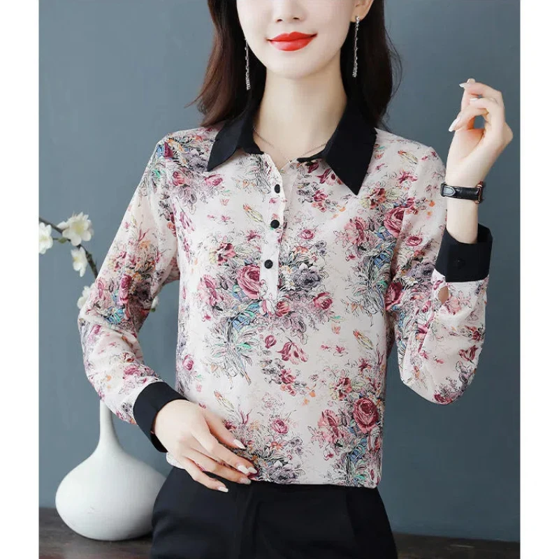 Spring Autumn Office Lady Plant&Flowers Printing Turn-down Collar Button Chiffon Lantern Long Sleeve Pullover Women\'s Shirt Tops