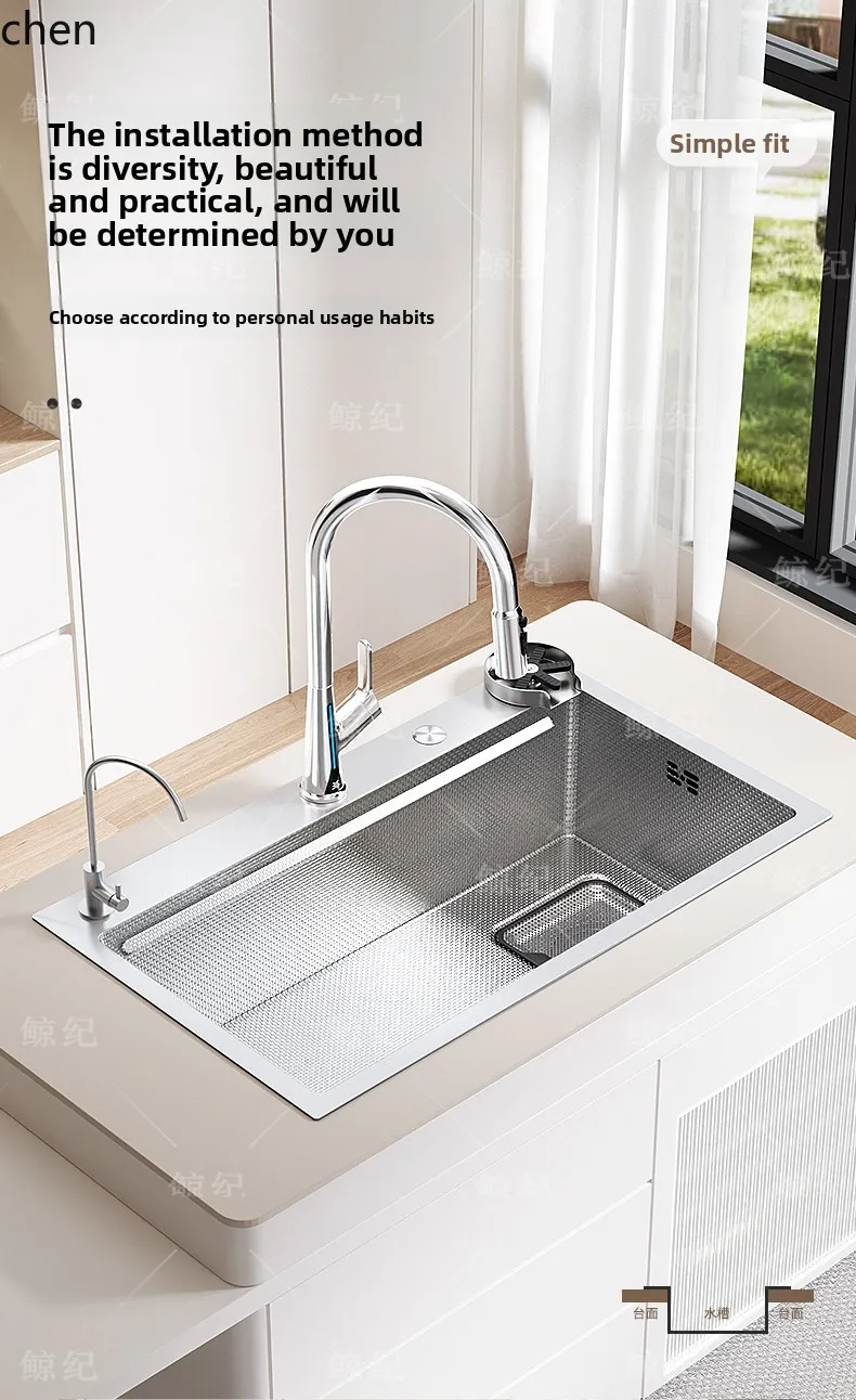 HTTStainless Steel Kitchen Sink Large Single Bowl Vegetable Washing Basin Household Undermount Sink Water Basin Dishwashing Sink