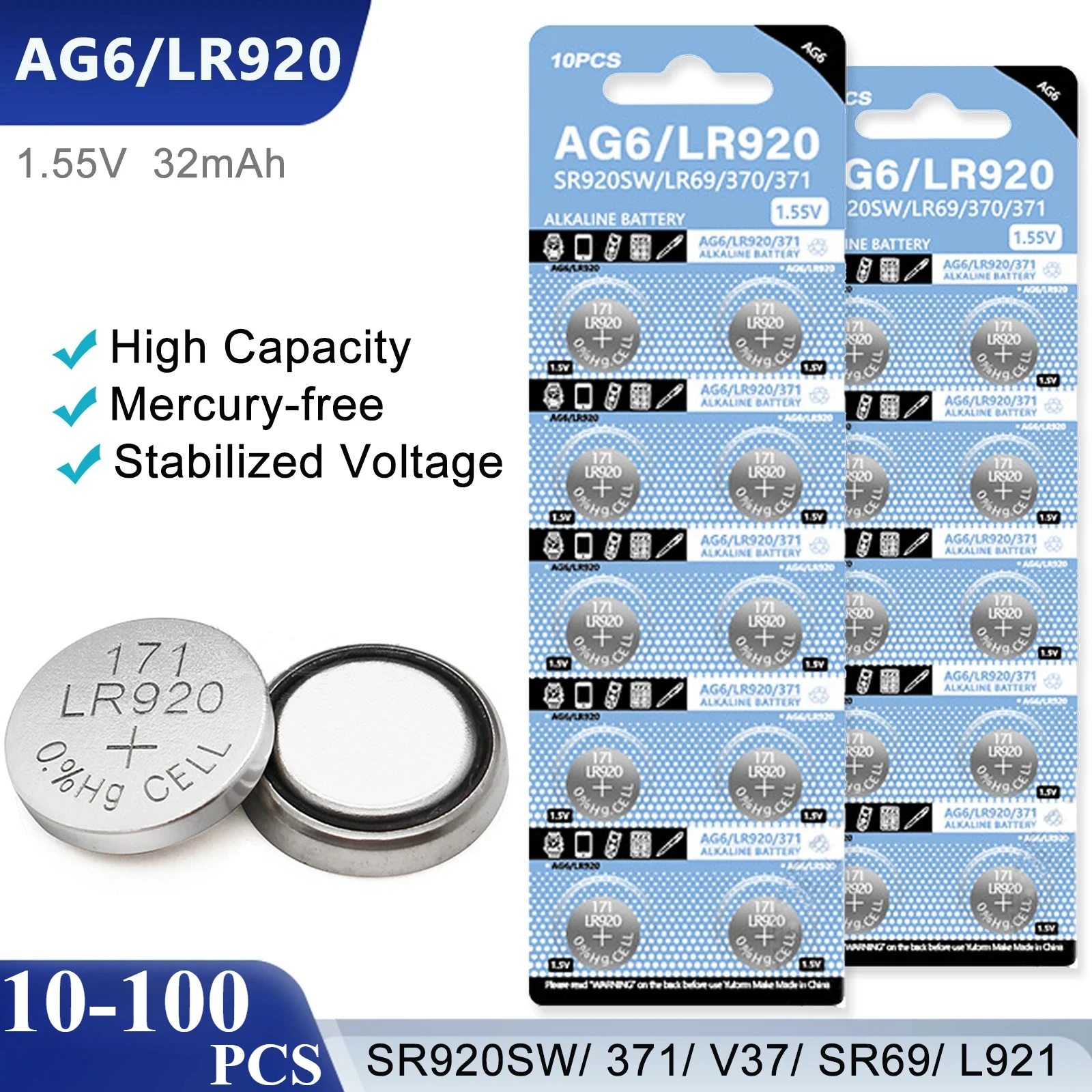 10-100Pcs AG6 High Quality Alkaline Button Batteries LR920 SR920SW 371 V37 SR69 L921Cell Coin Battery For Watch Toys Calculators