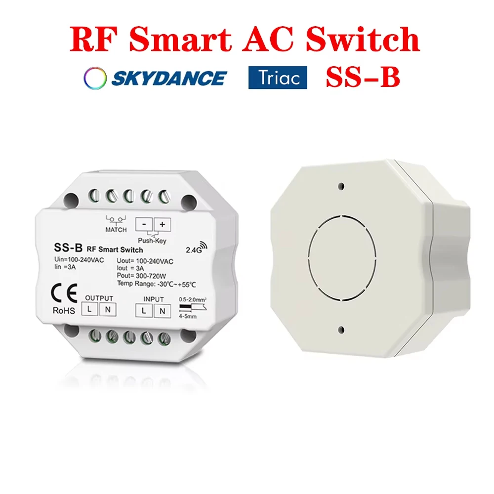 Skydance SS-B AC100-240V  300-720W  Smart 2.4gHz RF+Push  Wireless Led Relay Wall Junction Box Mounting Switch