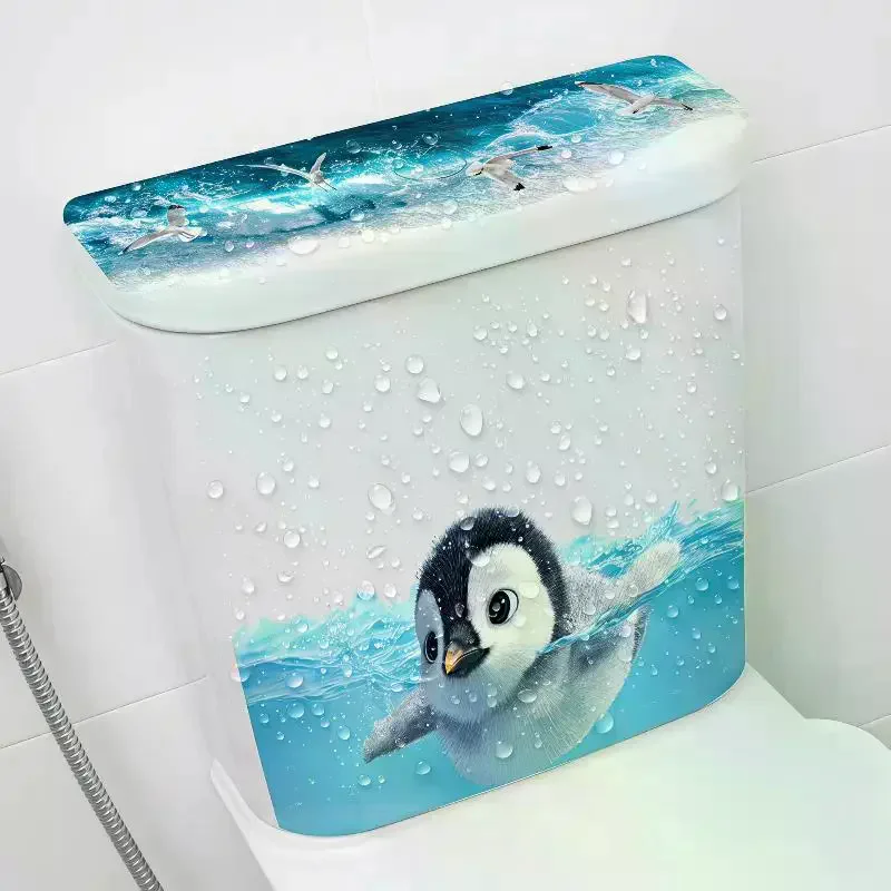 Cute Swimming Penguin Toilet Sticker Waterproof Easy to Apply Removable Decal for Bathroom Toilet Lid Tank Decor