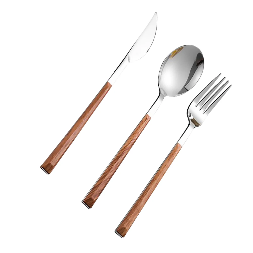 

3pcs Stainless Steel Salad Servers Set Imitation Wooden Handle Fork Spoon Tableware Dinner Forks Cutlery for Daily