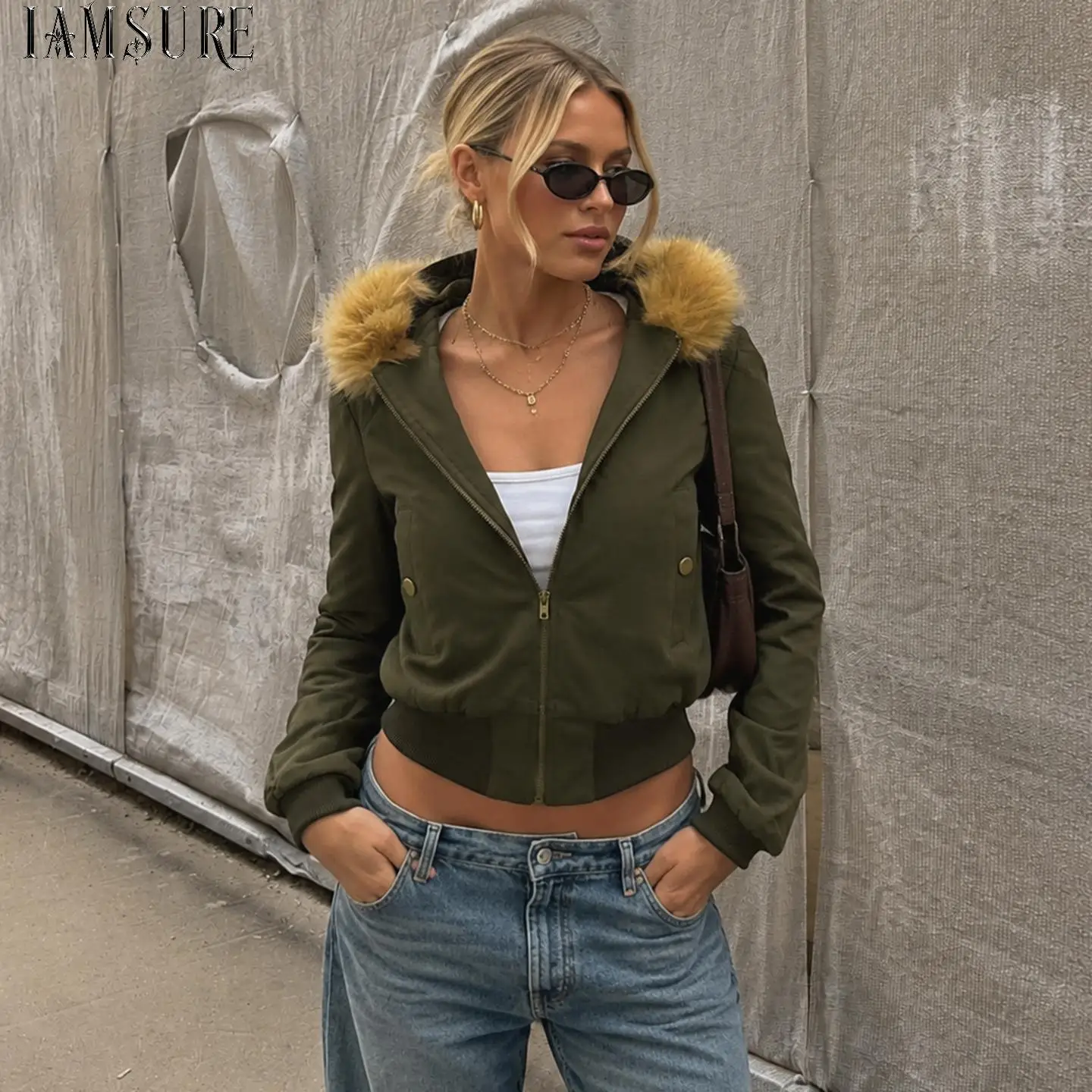 Women Faux Fur Hood Zip Up Cropped Bomber Jacket Winter Warm Short Outerwear Fashion Streetwear With Pockets Coat Vintage Chic