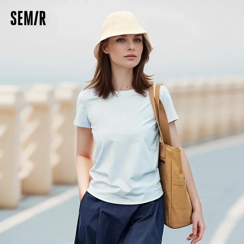 Semir Short Sleeve T-Shirt Women Slim Positive Shoulder Solid Colour Basic 2024 Summer New Antibacterial Round Neck Pullover Tee