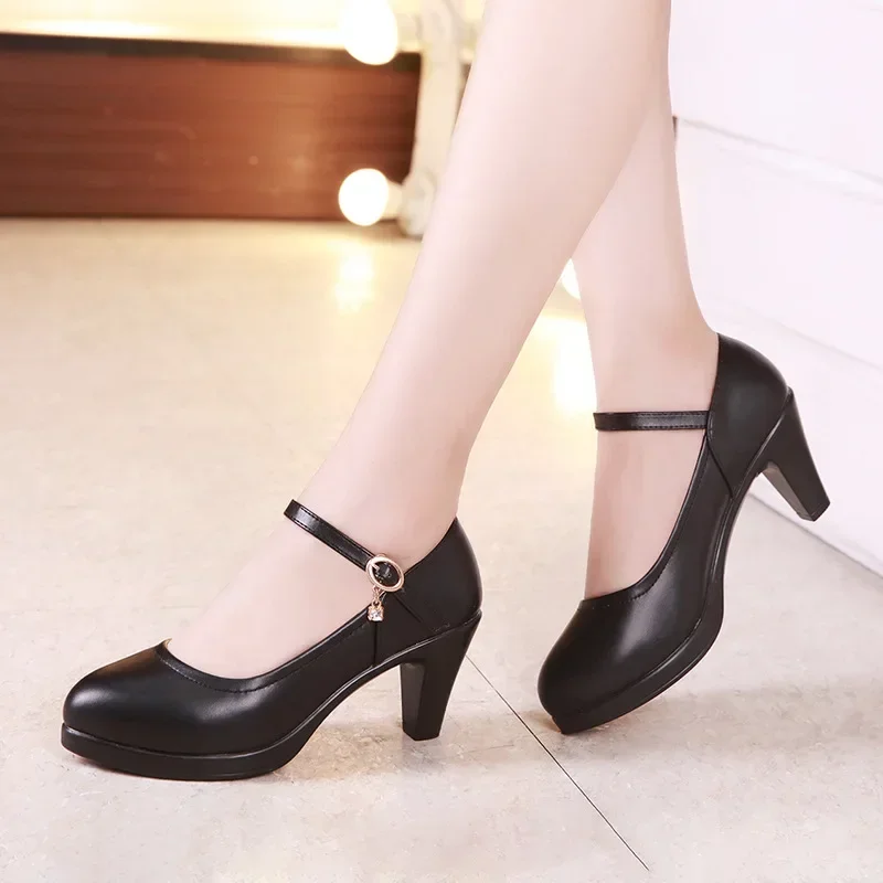 6cm Small Size 32-43 Elegant Shallow Women Mary Janes Platform Pumps 2024 Fall Med Block Heels Soft Leather Shoes for Office Mom