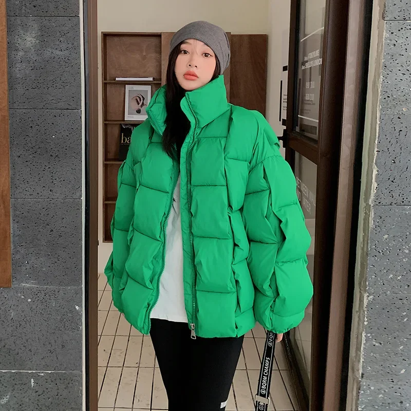 

Winter Jacket Women Three-dimensional Plaid Woven Fashion Coat Windproof Stand Collar Warm Thick 2025 Winter New Woman Clothing