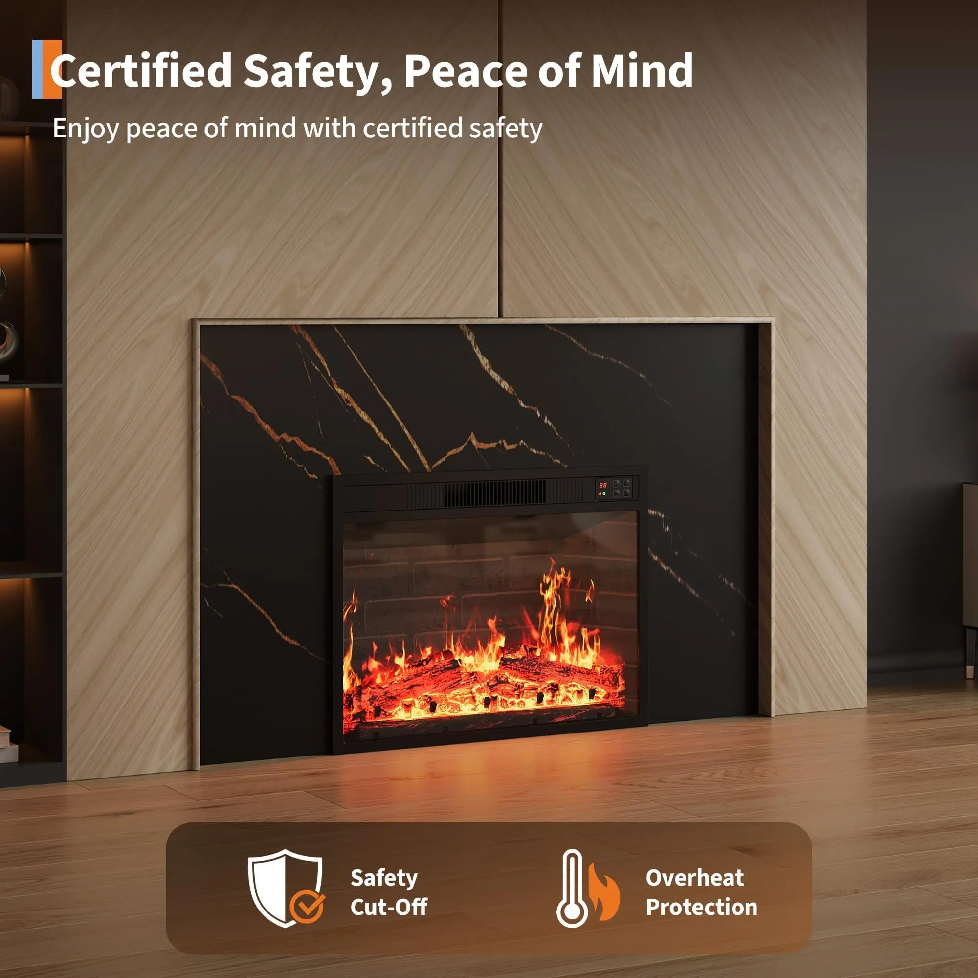 เตาผิงไฟฟ้าติดผนัง/ฝังผนัง รุ่นโมเดิร์น ขนาด 23 นิ้ว กำลังไฟ 750/1500 วัตต์ 12 สีเปลวไฟ พร้อมรีโมทคอนโทรล ปลอดภัย เงียบสงบ สำหรับใช้ภายในอาคาร