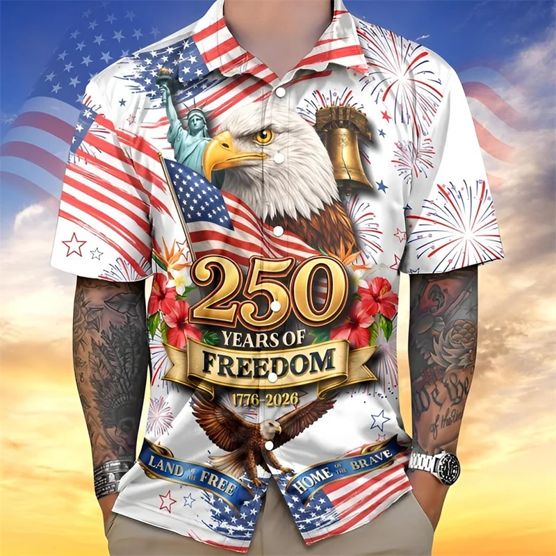 Men's 250Th Anniversary 1776-2026 American Eagle Flag Print Hawaiian Shirt Casual Short Sleeve Button Down Beach Shirt