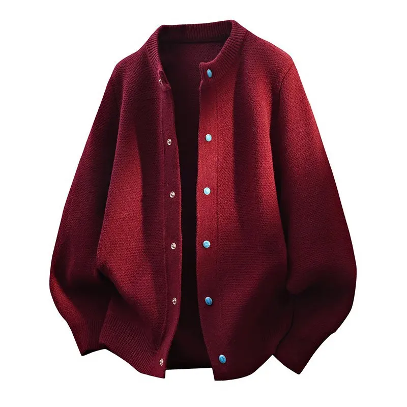 

Красный вязаный кардиган мужской, свободный, повседневный, модный, верхняя одежда с длинными рукавами, круглым вырезом, утолщенный, из смеси полиэстера и нейлона