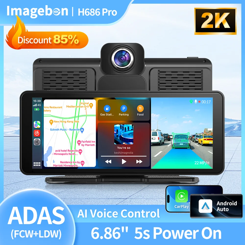 Imagebon H686 Pro 2K+1080P Dual Lens AI Voice Control Car DVR Wireless Carplay & Android Auto ADAS Dashcam Wifi FM Dash Cam