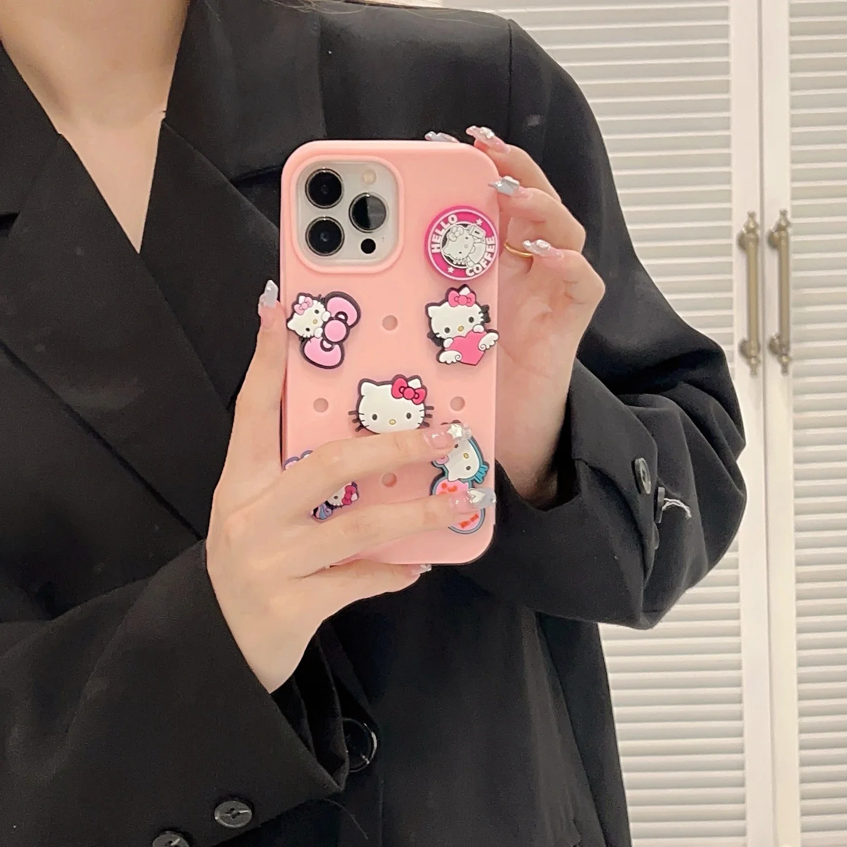 NEW Sanrio Hello Kitty Pink Black Cute DIY 3D Stereoscopic Phone Cases For iPhone 15 14 13 12 11 Pro Max XR SE 2023 Back Cover