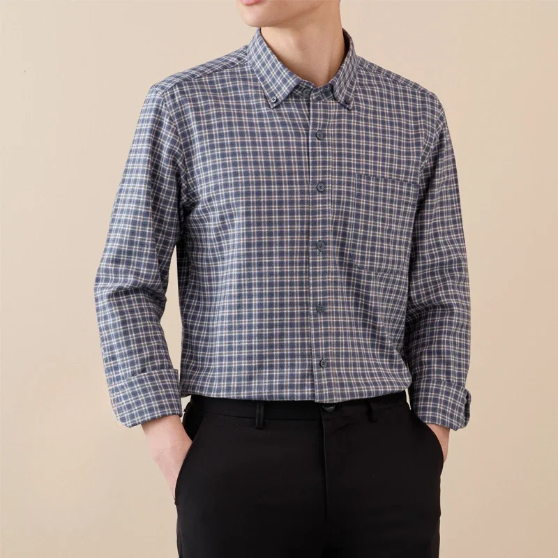 New in shirt 100%cotton brushed long sleeve shirts for men slim fit formal plain shirt soft plaid tops casual elegants clothes