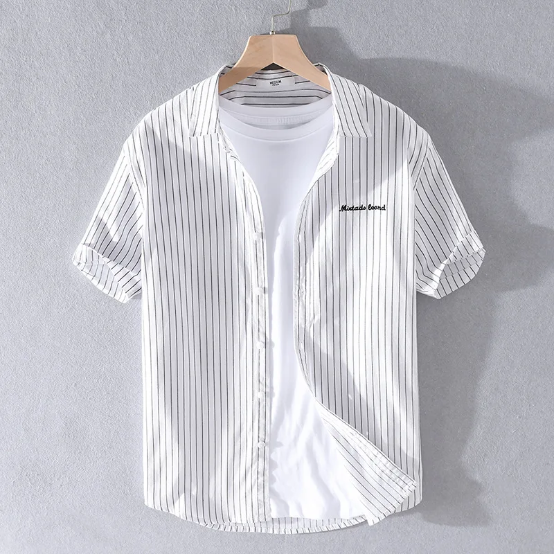 

Мужской повседневный хлопковый топ ort Sve irt Summer Trendy f Sve Japanese Sle из чистого хлопка с вышивкой в полоску