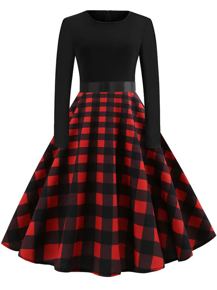 Women\'s Plaid Print Vintage Long Sleeve Dress Christmas Casual Robe Elegant Party Dress Femme Vestidos
