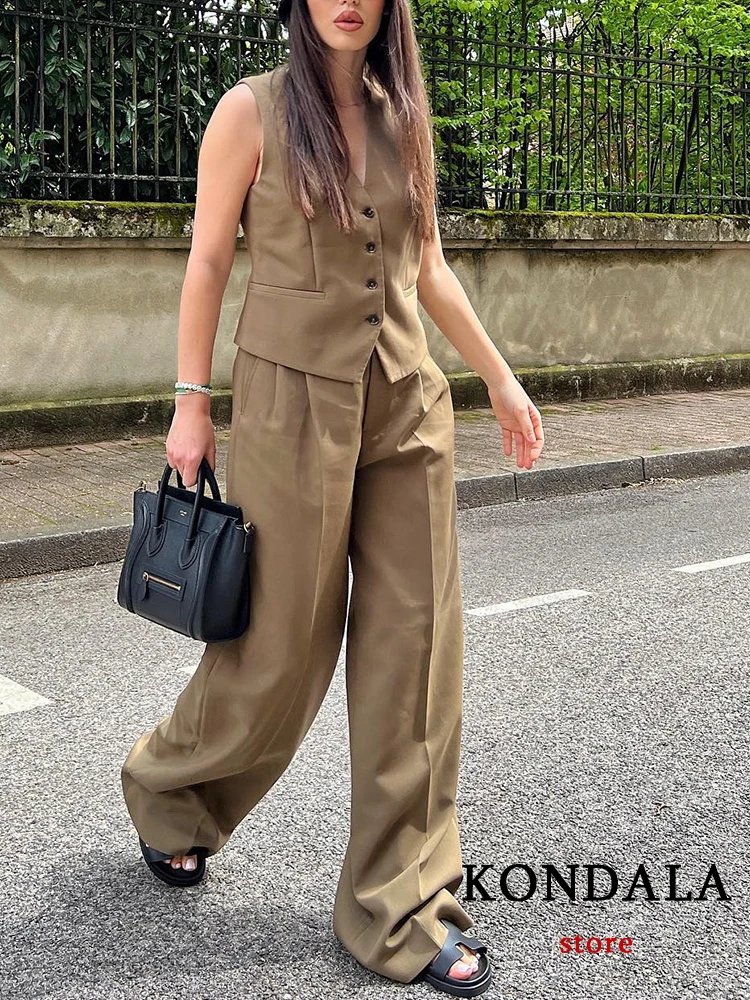 KONDALA rocznika urząd Lady moda 2023 jednolite Khaki kobiety Chic garnitury z długim rękawem ponadgabarytowych Blazer dopasowana kamizelka szerokie