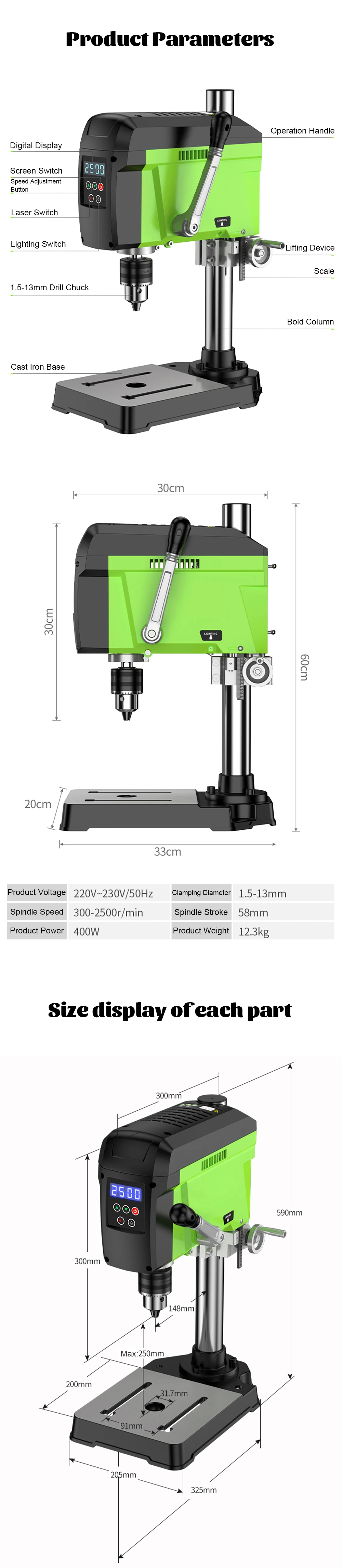 Allsome BG-516809+BG-6369 400 W Tischbohrmaschine mit 2-in-1-Fräsen, Bohren, Präzisions-Schraubstock-Kombinationsset – Detail 3