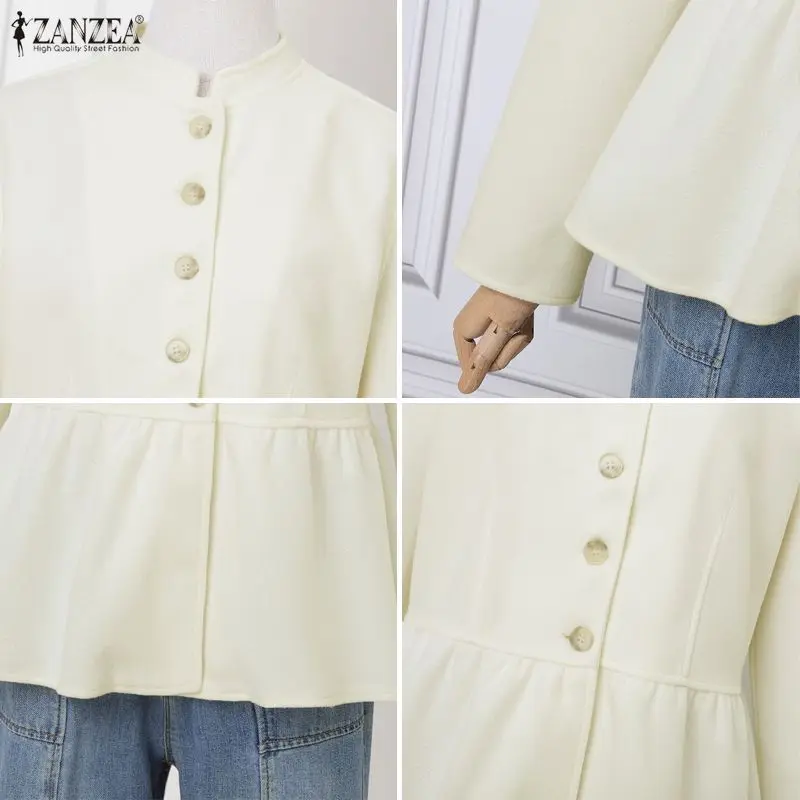 ZANZEA Winter Wollen Jassen Vrouwen Lange Mouw Stand Kraag Casual Jassen 2026 Mode Enkele Breasted Effen Tuniek Elegante Outwears