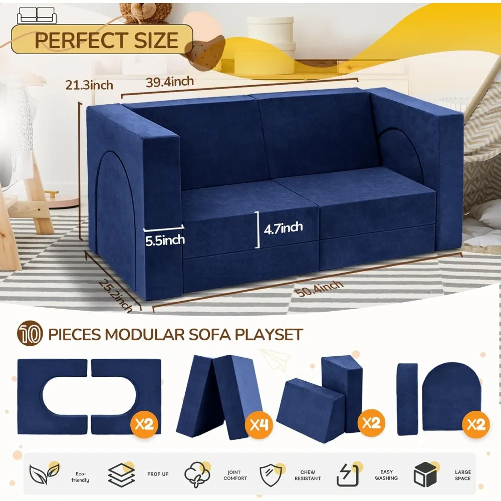 أريكة لعب للأطفال من الفوم متعددة الوظائف لغرفة اللعب وغرفة النوم، فورت بناء أريكة معيارية مكون من 10 قطع للأولاد، فو مثالي للأطفال
