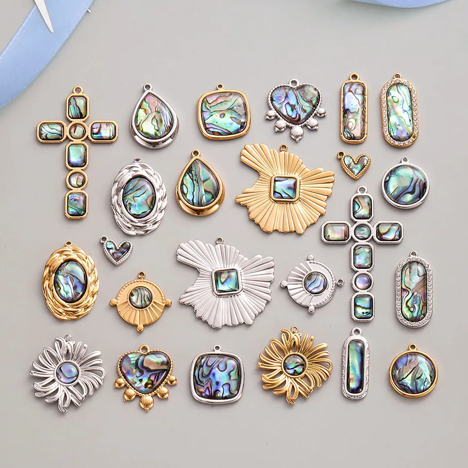 2 Stück echte natürliche Abalone-Muschel-Anhänger, großes Kreuz, Sonnenblume, rund, Edelstahl, Herzanhänger für Schmuckherstellung, Großhandel. – Detail 1