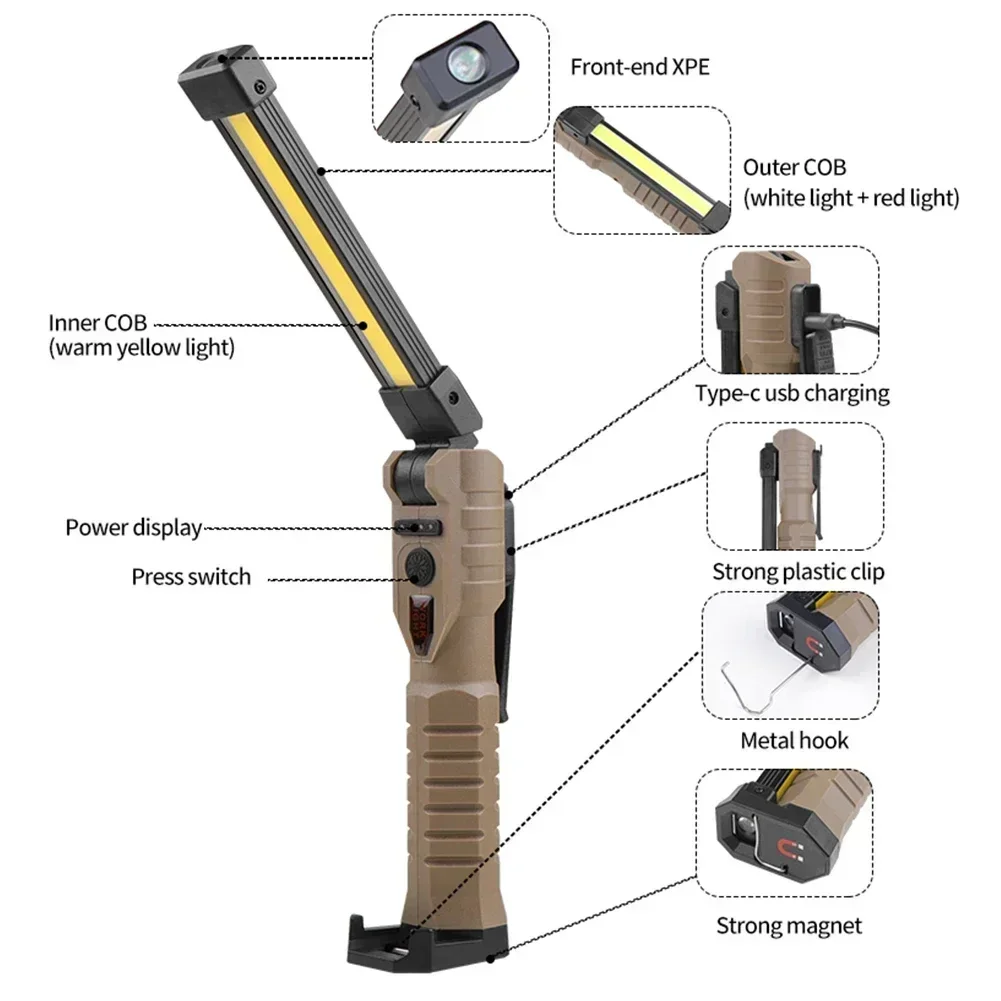 Multifunctional Portable COB LED Work Light with Hanging Hook Handled Flashlight 5 Modes for Outdoor Camping