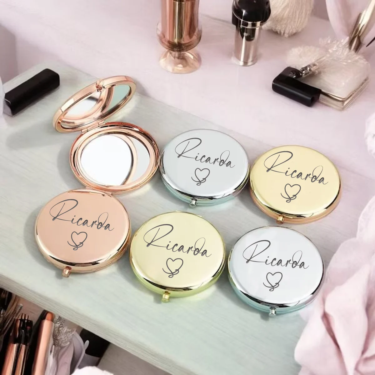 1pc Creative Ricaroa example Customized Name Makeup Mirror Folding Mirror Round Circle Mirror Birthday Gift image 3