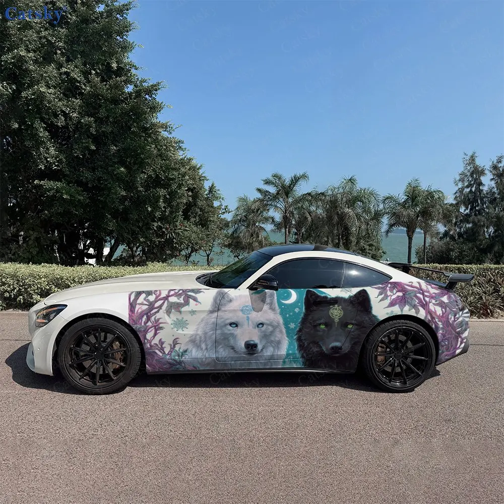 2pcs Dawn Dusk Dual Wolf Car Side Wraps, Self-Adhesive PVC Waterproof & Scratch-Resistant Stickers, Car Accessory Gift