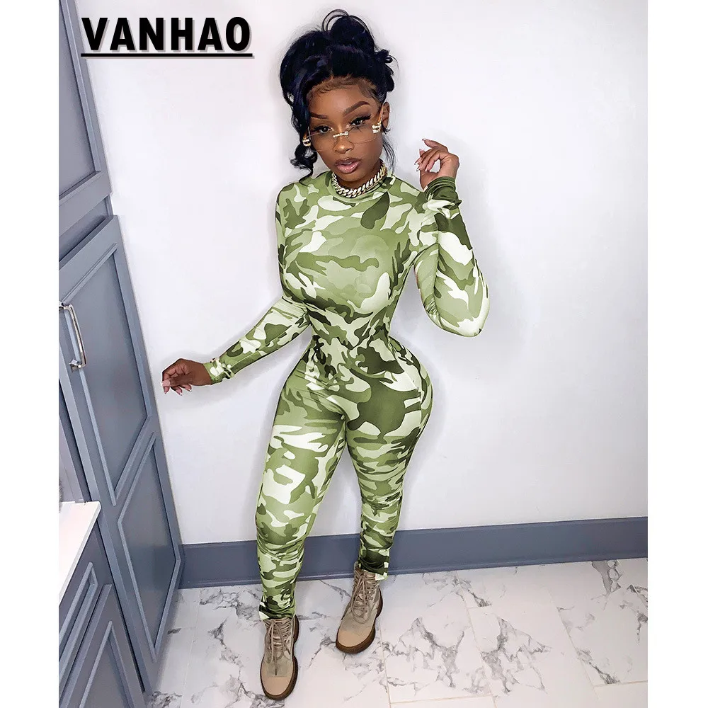 VANHAO Autumn Winter Clothes Camo Print Slim Long Sleeve Jumpsuit for Women Streetwear Hip Lift Onesie Wholesale Dropshipping