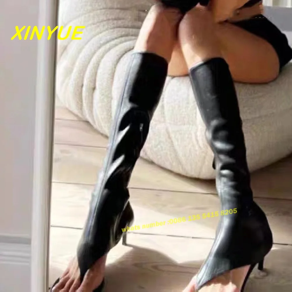 Leather Thong Pinch Toe Sandals Boots Low Heels Flip-Flops Knee High Solid Side Zipper Newest Luxury Women's Shoes Plus Size 43