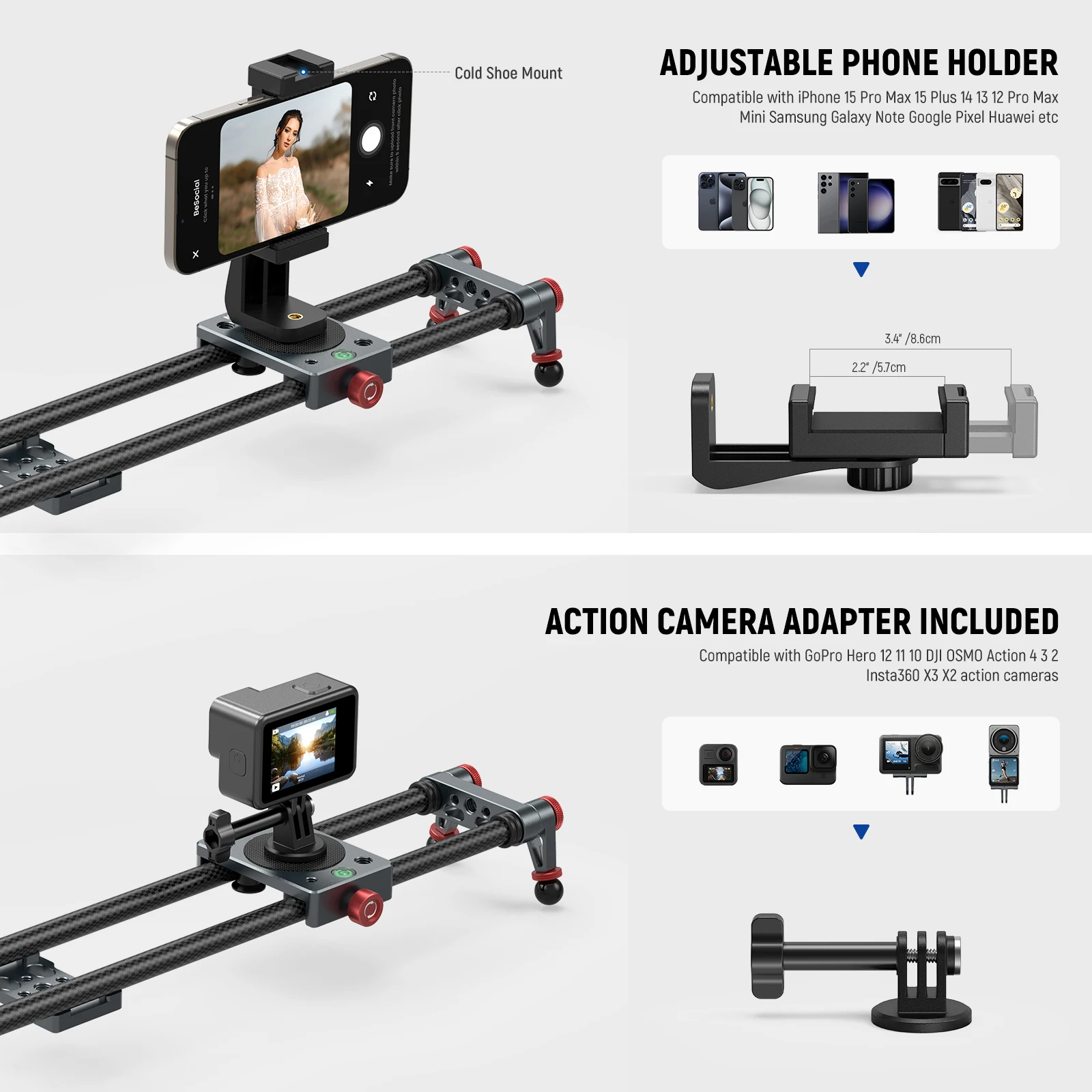 NEEWER 40cm/60cm Carbon Fiber Camera Slider with 360° Ball Head/Phone Clamp/Camera Mount, Dolly Rail Track For GoPro Insta360