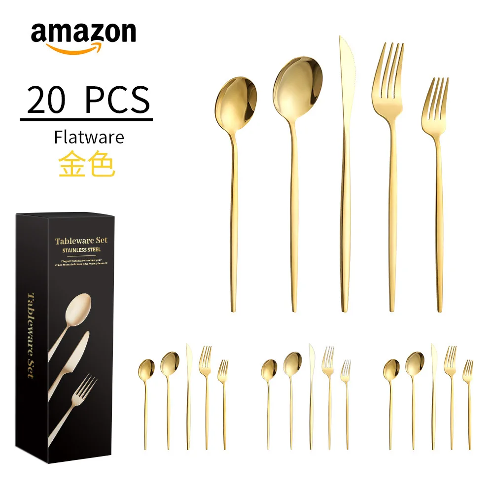 24Pcs Black Handle Golden Cutlery Set Stainless Steel Knife Fork Spoon Tableware Flatware Set Festival Kitchen Dinnerware Gift