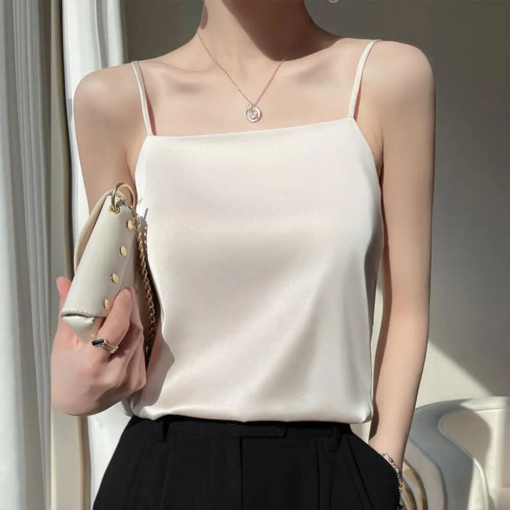 Women Summer Silk Satin Top Camis Tanks Sleeveless Spaghetti Straps Camisoles Strappy Shirts Sexy Tank Tops Ladies Solid Vest